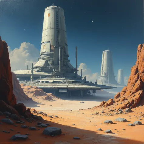 A futuristic military base on a barren, alien planet, with massive, high-tech structures built into the rocky landscape. The base is illuminated by the pale light of distant stars, casting long shadows across the ground. (The oil painting:1.7) depicts the ...