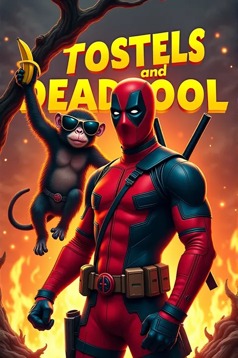 Make a poster with Deadpool and a monkey in a world on fire and that says Tosteles and Deadpool