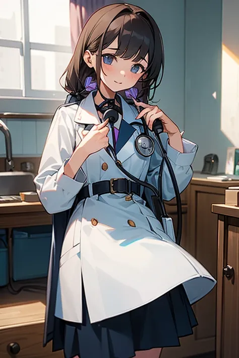 A beautiful middle school girl who places the stethoscope&#39;s auscultation plate completely against the center of her bare chest