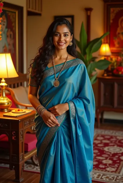 Indian curvy young female white fair skintone wearing kerala blue kasavu saree in kerala home living room, celebrating onam. Realistic image.Closeup. body figure looks like actress nithya menon.big breast