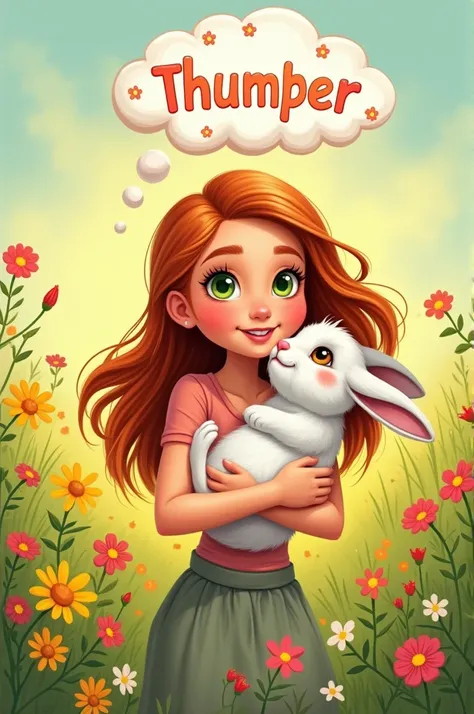 Lily holding the rabbit, with a thought bubble above her head showing the name "Thumper