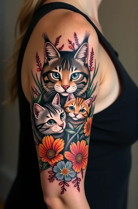 Arm tattooed in neo-traditional style with cat theme 