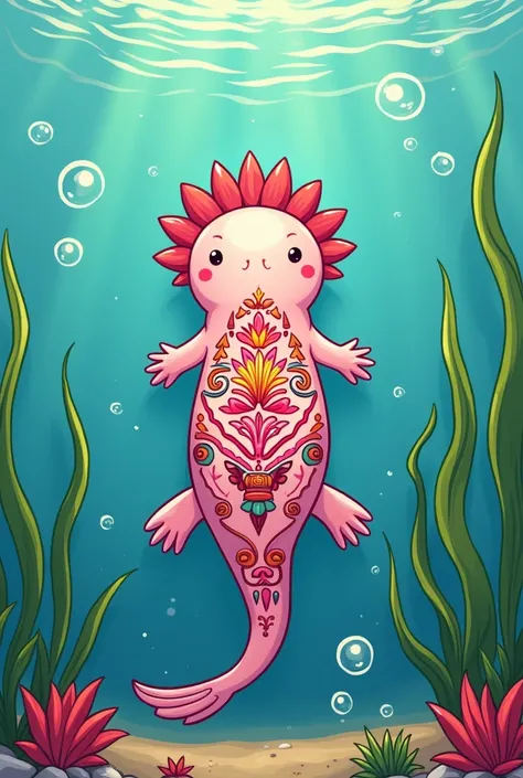 Axolotl seen from above with pre-Hispanic crest image in cartoon style