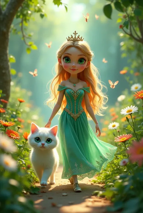 Princess with green eyes in royal looks walking in a megical garden with a beautiful white green eyes cat and weondring to sea first time animated 