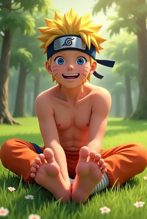 Realistic HD teen style animated image of Naruto Uzumaki barefoot showing the bottom of his feet close to the camera Sitting on the grass smiling shirtless Realistic details of the soles of his feet 2 feet 5 toes on each foot Showing off six pack Showing o...