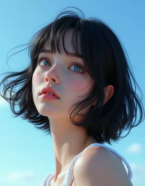 (RAW photo, best quality, masterpiece: 1.2), (photorealistic: 1.4), (Polish girl, 20 years old, black hair, Light grey eyes, short bob cut, hair in 7 thirds, hair over one ear, Symmetrical eyes, solo, Detailed Skin:1.1), Cloudless blue sky, looking up at t...