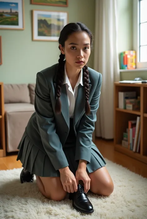 A woman wearing a school uniform is putting on shoes.