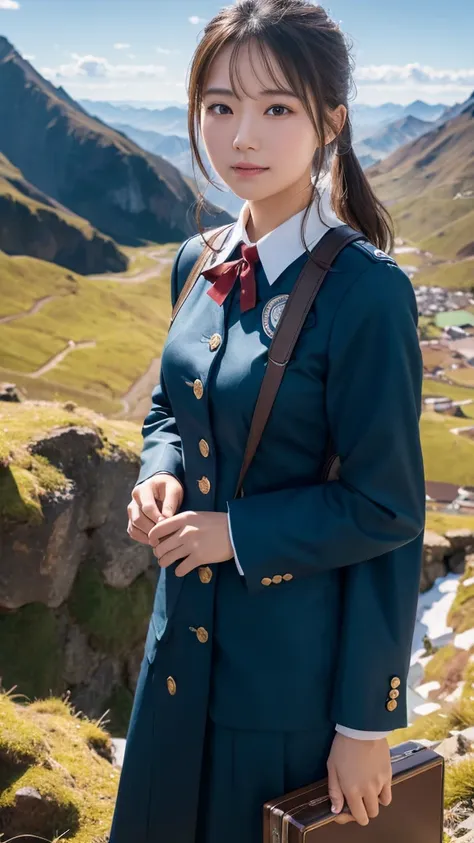 Super detailed, High resolution, Super detaileded, highest quality, wonderful, highest quality,Integrated 8K wallpaper, cinematic lighting, stewardess、20-year-old、Japanese、in mountain