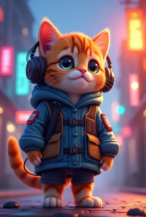 ((Best quality, 8K, Masterpiece: 1.4)),((Amazing detail: 1.3)),((illustration, Hairstyle Casual: 1.2)),((high resolution: 1.1)), A cute cat standing, headset on head, Tactical coat, Fashionab, Soft light, Colorful, Depth of field, Cinematic lighting, From ...