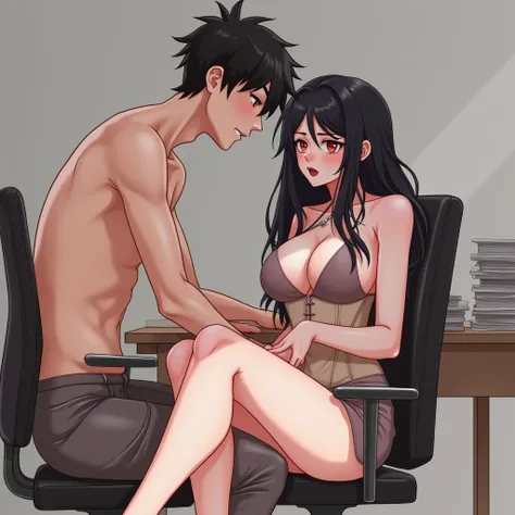 Best Quality, 1girl, 1guy, the girl has, Red Eyes, Black Hair, Long Hair, Blush, Open Mouth, Large breasts, large but, and the guy has, skinnee body, Red Eyes, Black Hair, no Pants on, the girl is siting under the guy desk, the guy has a big dick sticking ...