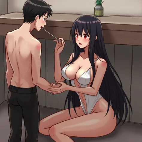 Best Quality, 1girl, 1guy, the girl has, Red Eyes, Black Hair, Long Hair, Blush, Open Mouth, Large breasts, large but, and the guy has, skinnee body, Red Eyes, Black Hair, no Pants on, the girl is siting under the guy desk, the guy has a big dick sticking ...