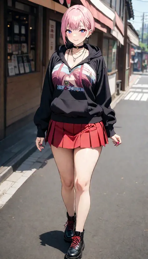 (Highest quality, 4K, 8k, High Resolutiの上, masterpiece:1.2), Very detailed, Picturesque, Anime-style photos, Photo Animatiの上:1.37)、Japanese、(Pink Hair)、(Pixie Cut)、Gal Makeup、hoodie、Flared mini skirt、necklace、bracelet、Earrings、choker、nail art、(Full body ph...