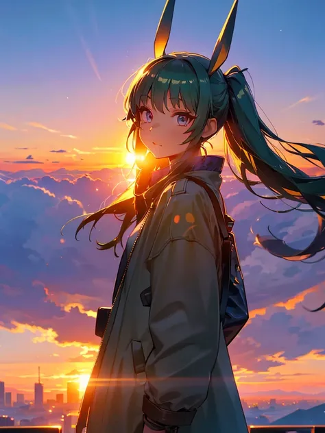 Empty City, A town above the clouds, Sky City,Black Eye,green hair, wearing a duffle coat, Falling from the sky, Watching the beautiful sunset, sundownに, sundown, As the sun sets, in the sunset, Nice views, Sunset view, With the sunset, sundownに, During Go...