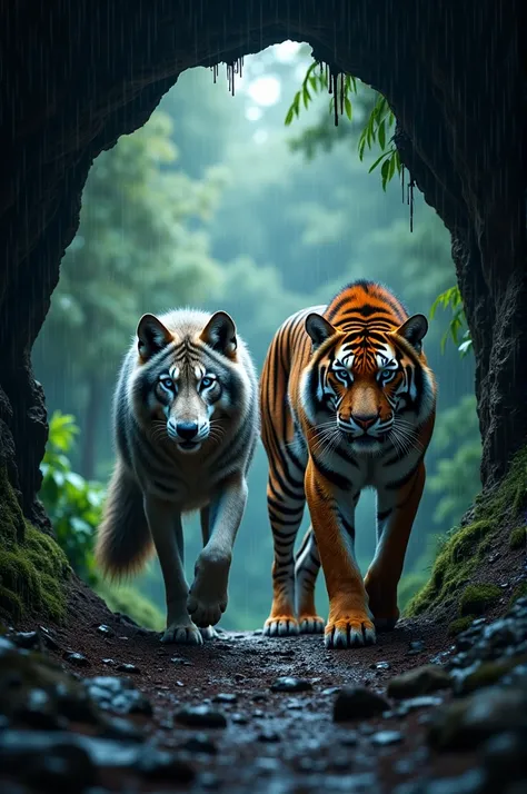 A cave where outside is a forest and rain, and inside there are wolf and tiger.