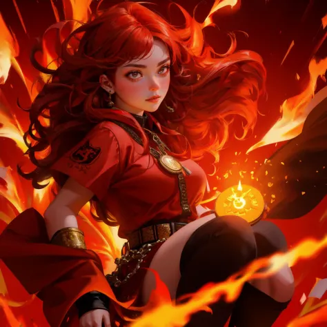 A powerful, fiery scene with a bold, energetic atmosphere, focused on cryptocurrency themes, set against a red background. In place of the fiery gorilla character, a beautiful, cute girl with a similar fiery aura and dynamic pose, styled to match the scene...