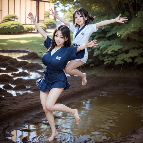 (((barefoot slender Japanese girl on mud pond))), natural front lighting, ultra sharp focus,bright brown hair, large eyes with long eyelashes and double eyelids, smile, (((jumping and waving arms))), ((huge breasts)), (full body shot:2), (beautiful face:2)...