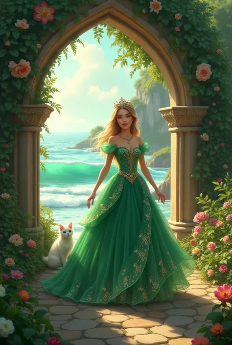 Princess with green eyes in royal looks pasing through a megical dool from the garden with a beautiful white green eyes cat and weondring to sea first time animated 