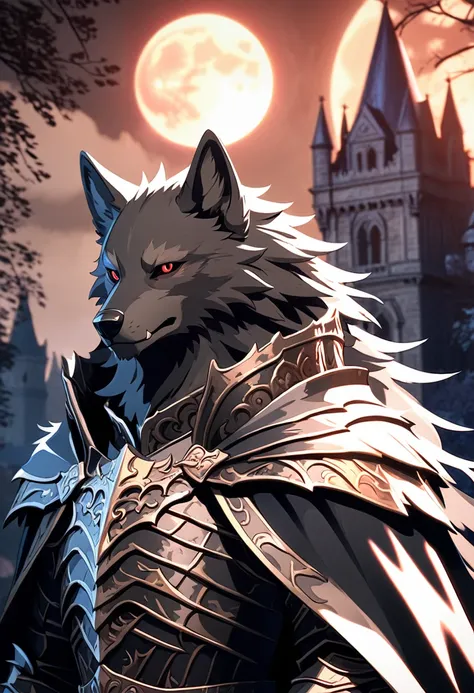 handsome black wolf furry in black regal armor, anime style, blaidd from elden ring, victorian castle and moon in the background...