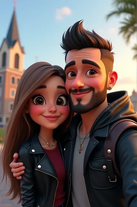 A cartoon Disney-like couple in a selfie, she with long straight brown hair, brown eyes and has a black leather jacket and a nose piercing, He has short black hair combed upwards and a beard, a black jacket, and a blue suitcase, in the background a church