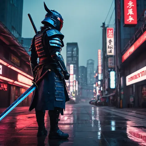 cyberpunk samurai,futuristic cyberpunk city,detailed samurai armor,glowing neon lights,dark moody atmosphere,(best quality,4k,8k...