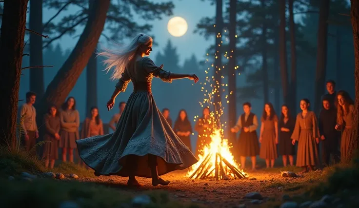 sexy and big breast elf woman with white hair, wearing medieval dress having fun dancing around the campfire with crowd under the moon light at the center of medieval forest at midnight.