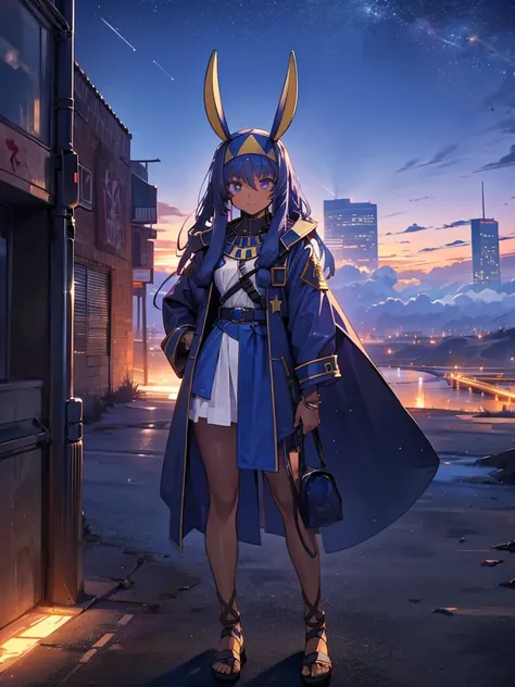 Empty City, A town above the clouds, Sky City,Black Eye,Blue haired, wearing a duffle coat, Falling from the sky,　Nitocris、In the desert、Stars shine in the night sky、beautiful girl、Show your side