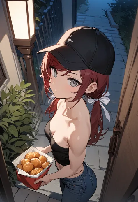 Masterpiece, highres, high Quality, detailed face, over-the-shoulder shot, solo, stoic, Gray eyes, dark red hair, swept bangs, low twin tails, white ribbons, black strapless shirt, black baseball cap, jeans, small breasts, toned arms, delivering food to ho...