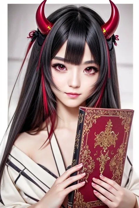 8k, Highest quality, Manga style, View your viewers, Intricate details,One person, Nakiri Ayame, ２Demon horns in the book, Multicolored Hair, Long Hair, Red eyes, Gray Hair, kimono,