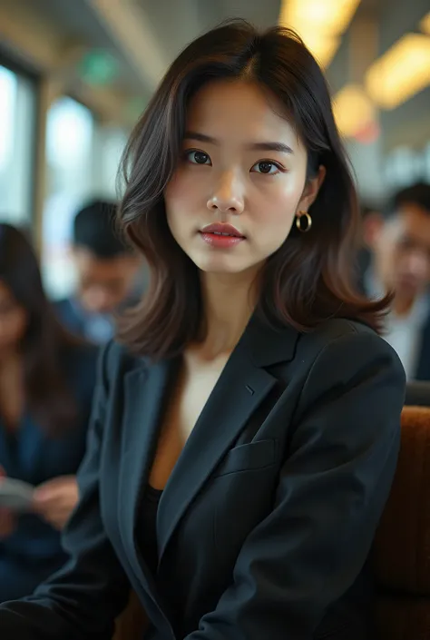 woman in a business suit sitting on a train with other people, a picture by Tadashi Nakayama, pexels contest winner, realism, portrait shot, beautiful asian woman sitting, handsome girl, a young asian woman, young asian woman, girl in suit, japanese model,...