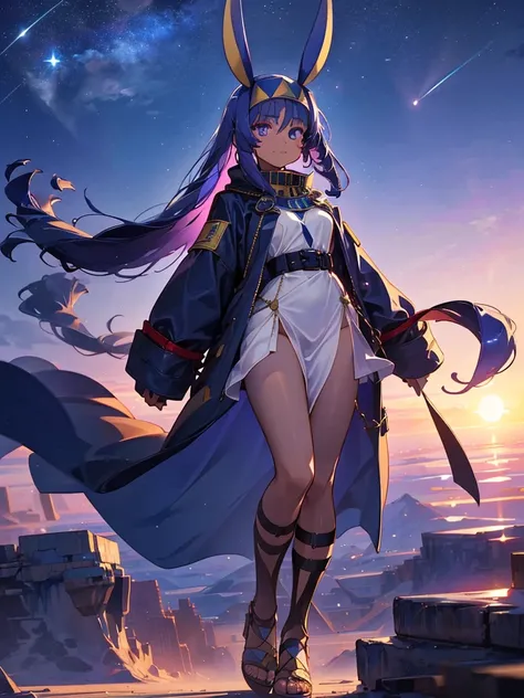 Empty City, A town above the clouds, Sky City,Black Eye,Blue haired, wearing a duffle coat, Falling from the sky,　Nitocris、In the desert、Stars shine in the night sky、beautiful girl、Show your side