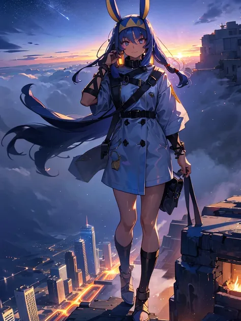 Empty City, A town above the clouds, Sky City,Black Eye,Blue haired, wearing a duffle coat, Falling from the sky,　Nitocris、In the desert、Stars shine in the night sky、beautiful girl、Show your side