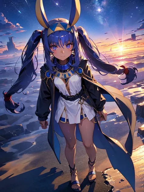 Empty City, A town above the clouds, Sky City,Black Eye,Blue haired, wearing a duffle coat, Falling from the sky,　Nitocris、In the desert、Stars shine in the night sky、beautiful girl、Show your side