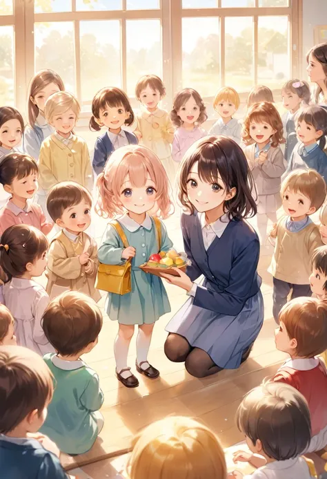 CG、real、Are thin、Narrow waist、Smooth image quality、Delicate face and hair、Nursery school teacher、Kindergarten female teacher、Surrounded by children、Surrounded by kindergarteners、smile、Soft atmosphere、Holding a kindergartener、fieldプールで、field、