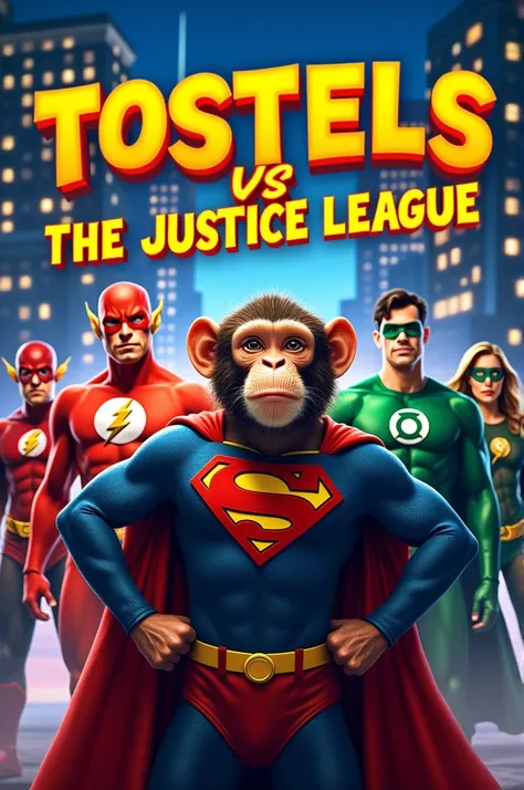 Haz un poster con Un Chango con Superman Flash Aquaman Y Green Lantern y que Diga Tosteles Vs The Justice League