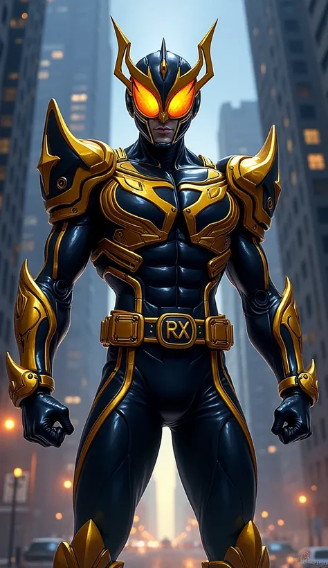 ((best quality)), ((masterpiece)), (detailed), solo, black and gold, superhero, Kamen rider black RX, On the left chest it says "RX"