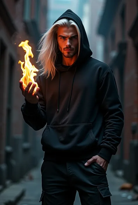 A misterious superhero. He wear black clothes: cargo pants, hoodie with large hood on his head and gloves without fingers. He has white really long hair and hes handsome. He has no beard, with clean face, with no facial hair.  The hood cover his face in ha...