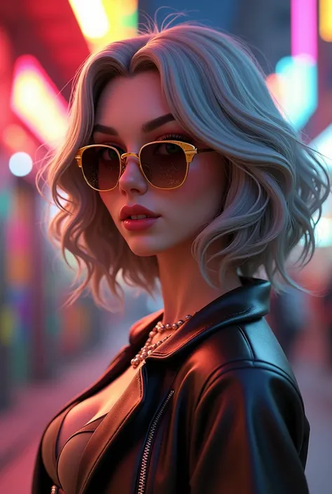 A emma myers,perfect eyes,perfect eyes,grey hair,medium body, bite lower lips expression,,put gold oakley sunglasses, 3d render
