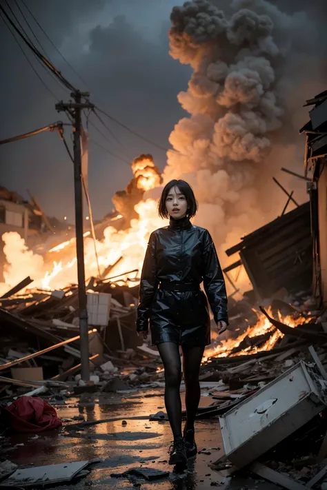 A woman, wounded and bleeding, explodes amidst the burning rubble. Tokyo rain, detailed real photos.