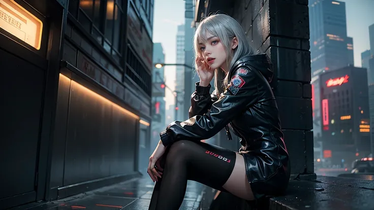 A silver-haired woman sitting by the wall，  Cyberpunk Anime Art， Women&#39;s race wears ultra-thin white lace bikini，Sexy pose,(Huge breasts: 1.2)，(((Breast close-up)), , (((Open your legs)))，((((whole body,))))Sci-fi headdress, Beautiful sci-fi background...