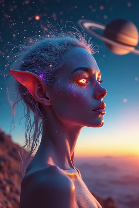 A studio portrait of a beautiful alien woman with a sexy and captivating appearance. Their skin has an iridescent tone that reflects the colors of the environment., giving it an ethereal glow. His eyes are big and bright., with a color that changes between...