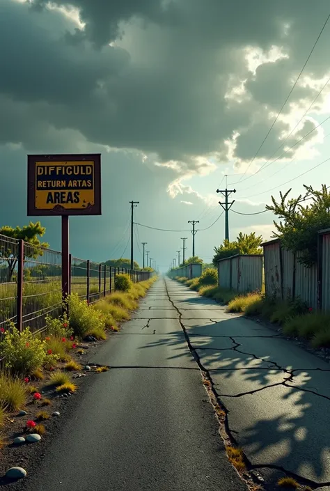 「What&#39;s next、Difficult-to-return areas」A deserted road with a sign that reads