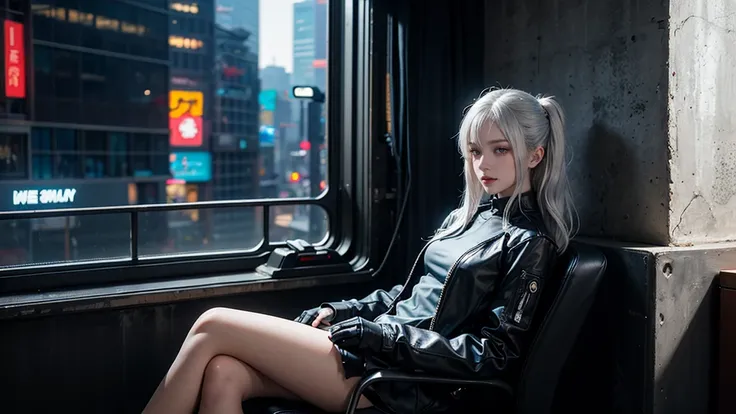 A silver-haired woman sitting by the wall，  Cyberpunk Anime Art， Women&#39;s race wears ultra-thin white lace bikini，Sexy pose,(Huge breasts: 1.2)，(((Breast close-up)), , (((Open your legs)))，((((whole body,))))Sci-fi headdress, Beautiful sci-fi background...