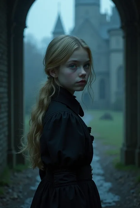 Virginia Otis, 15 years old (blond hair, blue eyes), thin, cute face, walks at night in Canterville Castle (inspired by the novel The Canterville Ghost). aged 1887, Victorian dark fantasy,