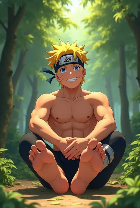 Realistic style animated image in HD of Naruto Uzumaki barefoot showing the soles of his feet from below close to the camera Sitting in the forest smiling shirtless Realistic details of the soles of the feet 2 feet 5 toes on each foot Showing six pack Show...