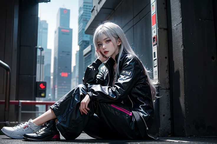 a silver-haired woman sitting by the wall，  cyberpunk anime art， women&#39;s race wears ultra-thin white lace bikini，sexy pose,(...