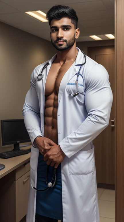 Handsome indian 28 years old masuculine bodybuiler GURJAR with spiky hairstyle doctor with stethoscope in neck, doctor uniform, standing in clinic 