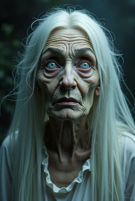 Ugly detailed eyes. Eyes white,.  ugly detailed lips, extremely detailed eyes and face, longeyelashes, 1 old lady, ghost white dress ripped, long hair, granny breast , 500 year old, highly detailed, (best quality,4k,8k,highres,masterpiece:1.2),ultra-detail...