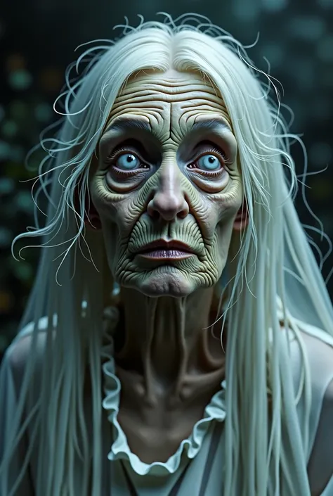 Ugly detailed eyes. Eyes white,.  ugly detailed lips, extremely detailed eyes and face, longeyelashes, 1 old lady, ghost white dress ripped, long hair, granny breast , 500 year old, highly detailed, (best quality,4k,8k,highres,masterpiece:1.2),ultra-detail...