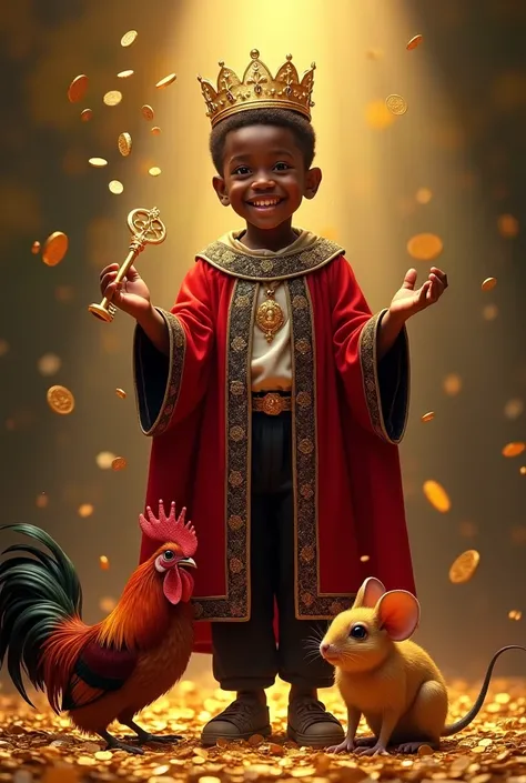 Holy Elegua, black boy , short black hair approximately five years old, standing, smiling, In one hand he holds a key and in the other he has gold coins. that is dropping to the ground, with a golden crown and a king&#39;s robe in red and black embroidered...