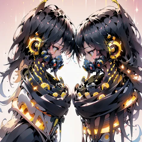 One girl,(((Highest quality、masterpiece、Official Art、Very detailed、Anime Style、Best dynamic composition、profile、Perfect Anatomy)))、 Headphones, hoodie, Vibrant colors, neon, White Background、gas mask、
